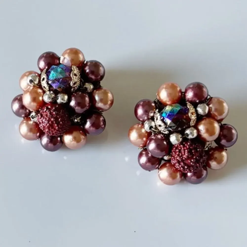 Vintage Cluster Bead Clip On Earrings Japan Earrings Purple